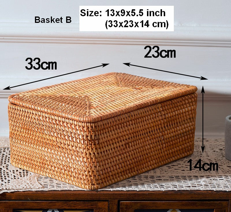 Handwoven Rattan Storage Basket Set Wicker Rectangular Basket for
