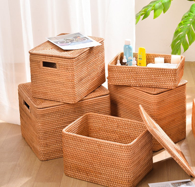 Woven Rectangular Storage Baskets, Rattan Storage Basket with Lid, Storage  Baskets for Clothes, Extra Large Storage Baskets for Shelves