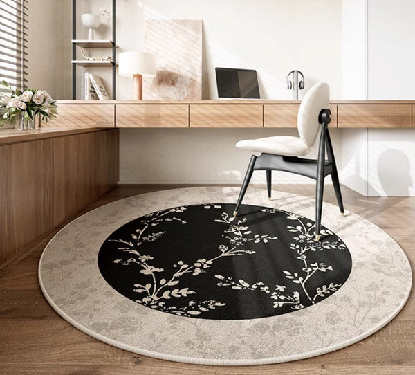 Contemporary Round Rugs for Dining Room, Flower Pattern Round Carpets under Coffee Table, Circular Modern Rugs for Living Room, Modern Area Rugs for Bedroom-Grace Painting Crafts