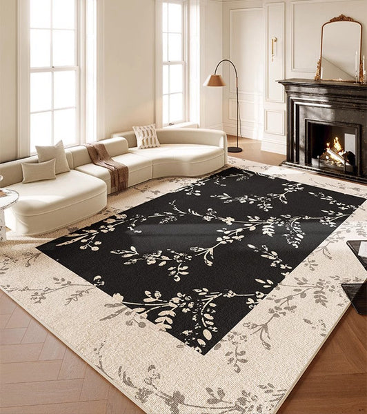 Contemporary Floor Carpets for Living Room, Large Modern Rugs for Sale, Dining Room Modern Rugs, Black Flower Pattern Geometric Modern Rugs in Bedroom-Grace Painting Crafts