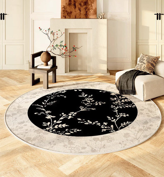 Contemporary Round Rugs for Dining Room, Flower Pattern Round Carpets under Coffee Table, Circular Modern Rugs for Living Room, Modern Area Rugs for Bedroom-Grace Painting Crafts