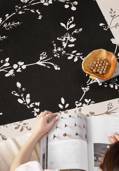 Contemporary Floor Carpets for Living Room, Large Modern Rugs for Sale, Dining Room Modern Rugs, Black Flower Pattern Geometric Modern Rugs in Bedroom-Grace Painting Crafts