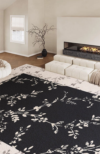 Contemporary Floor Carpets for Living Room, Large Modern Rugs for Sale, Dining Room Modern Rugs, Black Flower Pattern Geometric Modern Rugs in Bedroom-Grace Painting Crafts