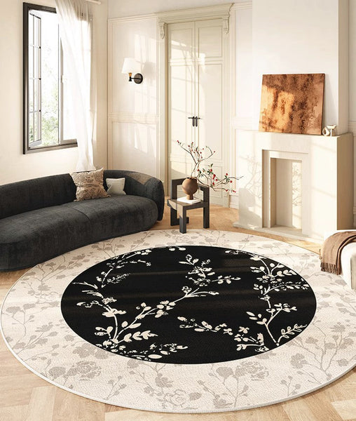 Contemporary Round Rugs for Dining Room, Flower Pattern Round Carpets under Coffee Table, Circular Modern Rugs for Living Room, Modern Area Rugs for Bedroom-Grace Painting Crafts