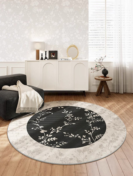 Contemporary Round Rugs for Dining Room, Flower Pattern Round Carpets under Coffee Table, Circular Modern Rugs for Living Room, Modern Area Rugs for Bedroom-Grace Painting Crafts