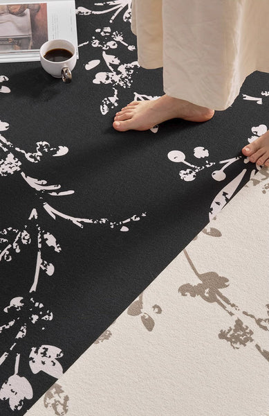 Contemporary Floor Carpets for Living Room, Large Modern Rugs for Sale, Dining Room Modern Rugs, Black Flower Pattern Geometric Modern Rugs in Bedroom-Grace Painting Crafts