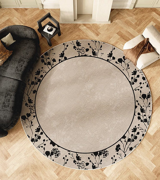 Flower Pattern Round Carpets under Coffee Table, Contemporary Round Rugs for Dining Room, Circular Modern Rugs for Living Room, Modern Area Rugs for Bedroom-Grace Painting Crafts