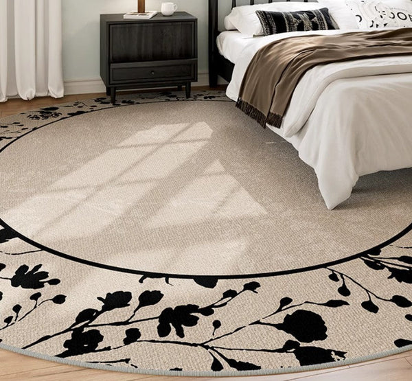 Flower Pattern Round Carpets under Coffee Table, Contemporary Round Rugs for Dining Room, Circular Modern Rugs for Living Room, Modern Area Rugs for Bedroom-Grace Painting Crafts