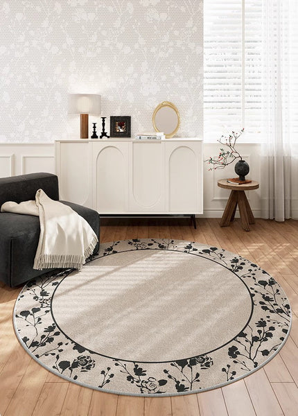 Flower Pattern Round Carpets under Coffee Table, Contemporary Round Rugs for Dining Room, Circular Modern Rugs for Living Room, Modern Area Rugs for Bedroom-Grace Painting Crafts