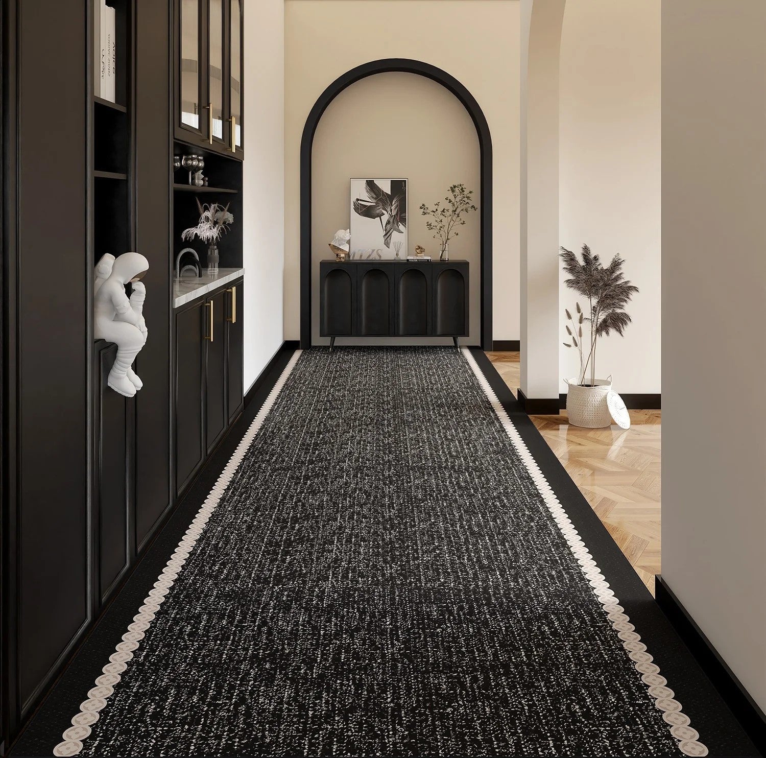 Easy Care Long Hallway Runners, Extra Long Narrow Runner Rugs, Modern Entryway Runner Rug Ideas, Geometric Modern Long Hallway Runners, Black Contemporary Runner Rugs-Grace Painting Crafts