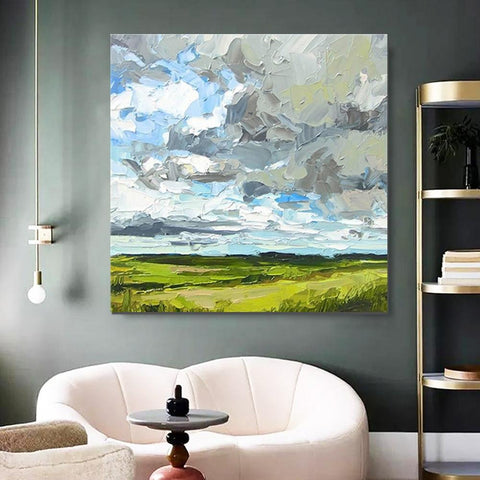 Large Acrylic Paintings for Bedroom, Heavy Texture Canvas Art, Abstract Landscape Painting, Grass Land under Sky Painting, Landscape Paintings for Living Room-Grace Painting Crafts