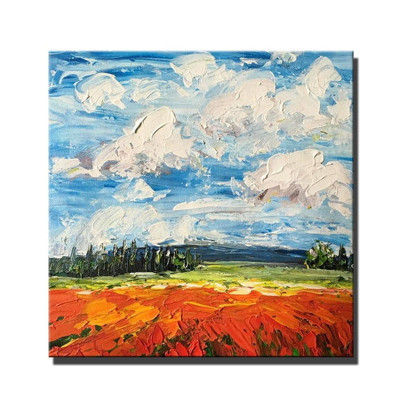 Abstract Landscape Painting, Landscape Paintings for Living Room, Red Poppy Field and Sky, Large Landscape Painting for Dining Room, Heavy Texture Painting-Grace Painting Crafts