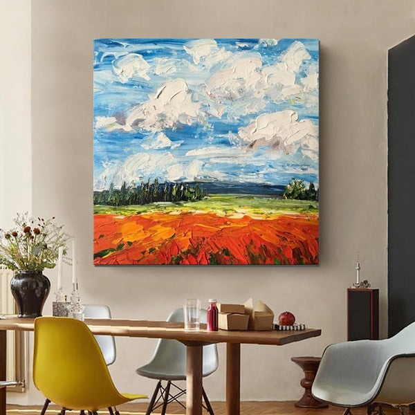 Abstract Landscape Painting, Landscape Paintings for Living Room, Red Poppy Field and Sky, Large Landscape Painting for Dining Room, Heavy Texture Painting-Grace Painting Crafts