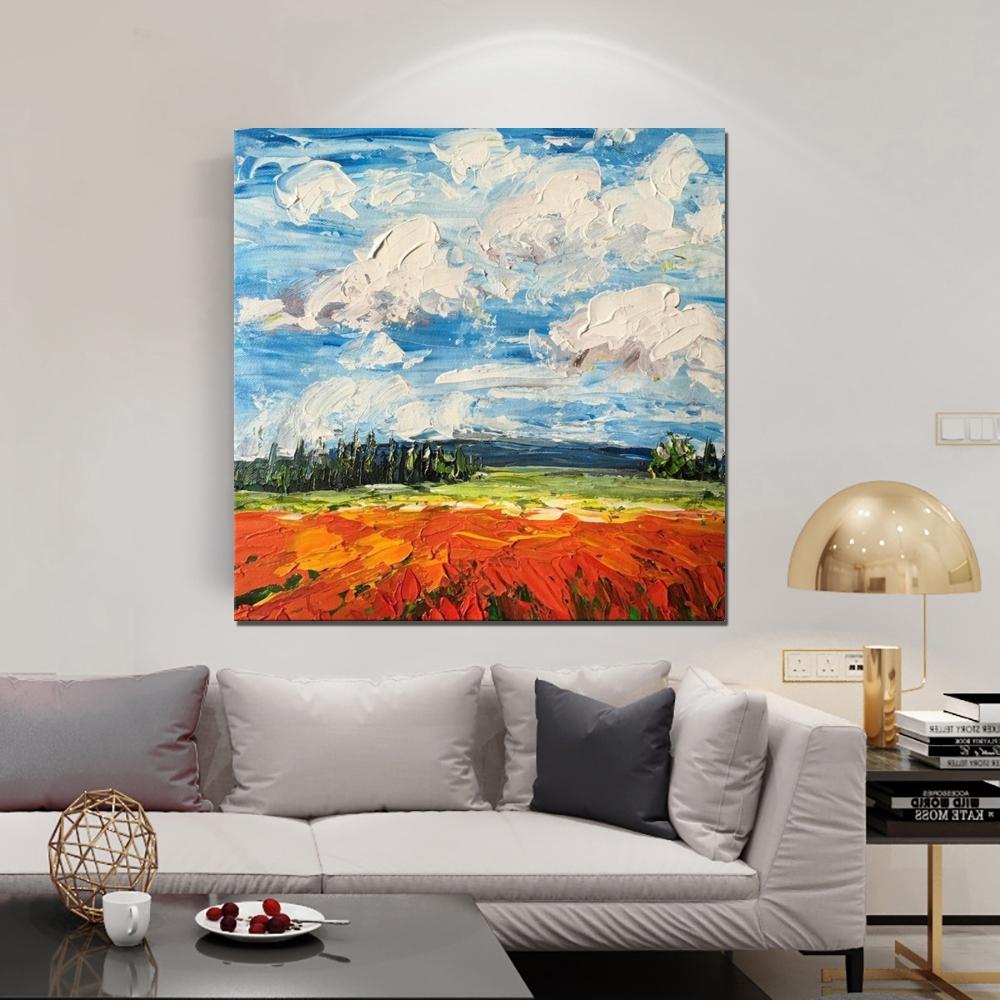 Abstract Landscape Painting, Landscape Paintings for Living Room, Red Poppy Field and Sky, Large Landscape Painting for Dining Room, Heavy Texture Painting-Grace Painting Crafts