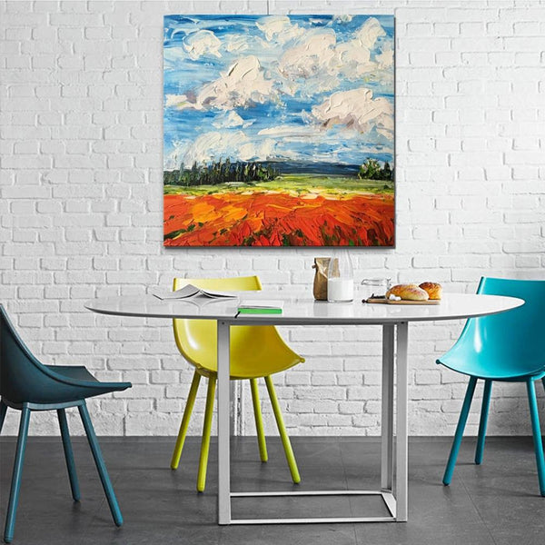 Abstract Landscape Painting, Landscape Paintings for Living Room, Red Poppy Field and Sky, Large Landscape Painting for Dining Room, Heavy Texture Painting-Grace Painting Crafts