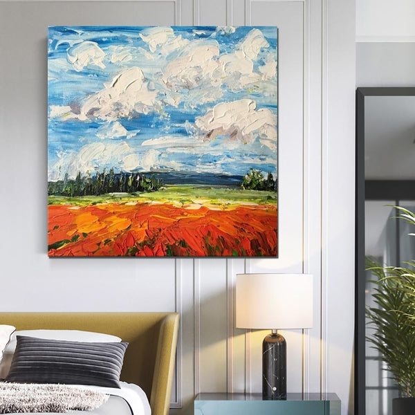 Abstract Landscape Painting, Landscape Paintings for Living Room, Red Poppy Field and Sky, Large Landscape Painting for Dining Room, Heavy Texture Painting-Grace Painting Crafts