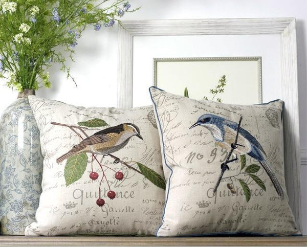 Rustic Sofa Throw Pillows, Decorative Throw Pillows for Couch, Bird Embroidery Pillows, Cotton and Linen Pillow Cover-Grace Painting Crafts