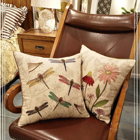 Dragonfly and Flower Cotton and linen Pillow Cover, Embroider Decorative Throw Pillow, Decorative Pillows for Car, Flower Decorative Pillows-Grace Painting Crafts