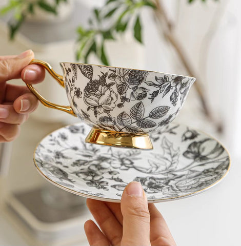 Elegant Flower Ceramic Cups, Unique Royal Coffee Cup and Saucer, Creative Bone China Porcelain Tea Cup Set, Beautiful British Tea Cups-Grace Painting Crafts