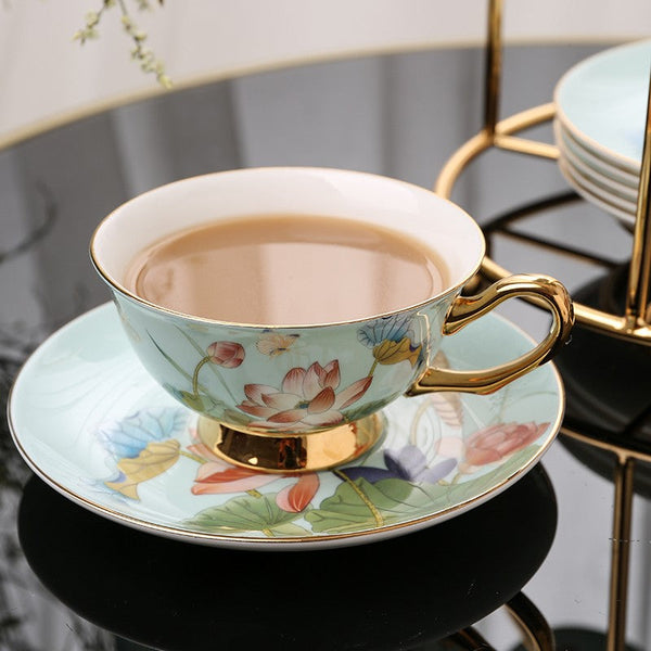 Unique British Tea Cup and Saucer in Gift Box, Lotus Flower Bone China Porcelain Tea Cup Set, Elegant British Ceramic Coffee Cups-Grace Painting Crafts