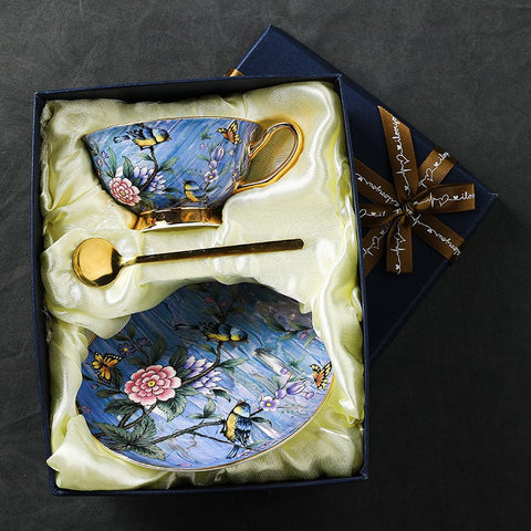 Unique British Tea Cup and Saucer in Gift Box, Blue Bird and Butterfly Bone China Porcelain Tea Cup Set, Elegant British Ceramic Coffee Cups-Grace Painting Crafts