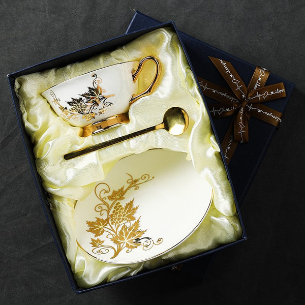 Golden Leaves and Grapes Bone China Porcelain Tea Cup Set, Unique British Tea Cup and Saucer in Gift Box, Elegant British Ceramic Coffee Cups-Grace Painting Crafts