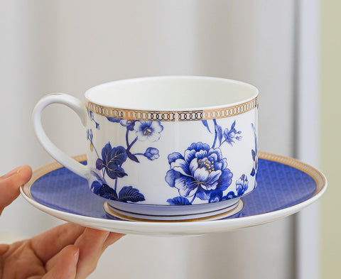 Elegant Blue Flower Ceramic Cups, Creative Bone China Porcelain Tea Cup Set, Unique Royal Coffee Cup and Saucer, Beautiful Flower British Tea Cups-Grace Painting Crafts