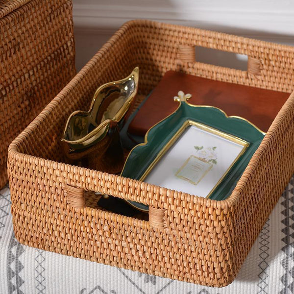 Rectangular Storage Basket with Lid, Rattan Basket, Storage Basket for Shelves, Storage Baskets for Bathroom, Bedroom Storage Baskets-Grace Painting Crafts