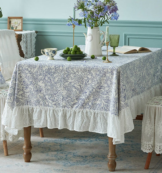 Cotton Rectangle Tablecloth for Dining Room Table, Natural Spring Farmhouse Table Cloth, Blue Flower Pattern Cotton Tablecloth, Square Tablecloth for Round Table-Grace Painting Crafts