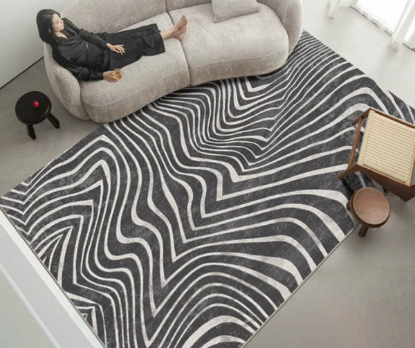 Abstract Contemporary Rugs for Bedroom, Black Stripe Area Rugs under Sofa, Mid Century Area Rugs for Living Room, Modern Carpets for Office, Dining Room Floor Rugs-Grace Painting Crafts