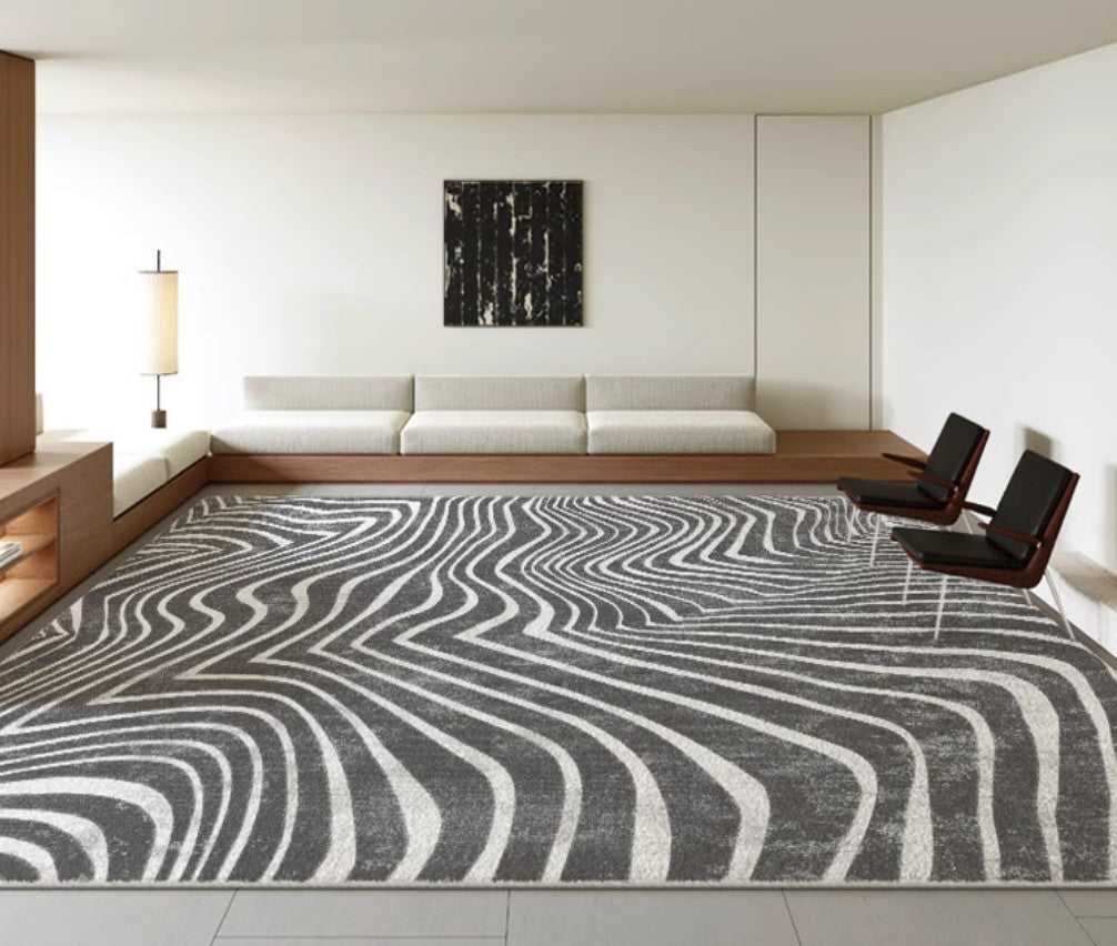 Abstract Contemporary Rugs for Bedroom, Black Stripe Area Rugs under Sofa, Mid Century Area Rugs for Living Room, Modern Carpets for Office, Dining Room Floor Rugs-Grace Painting Crafts