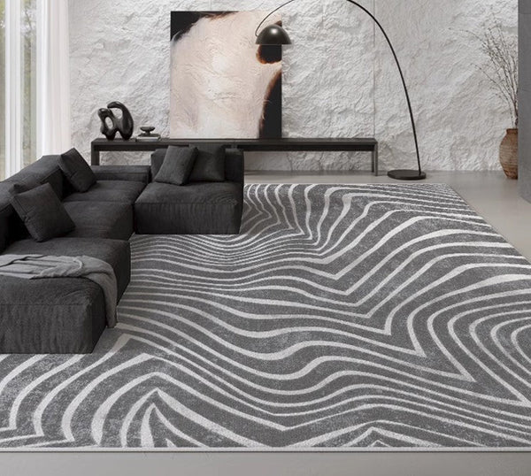 Abstract Contemporary Rugs for Bedroom, Black Stripe Area Rugs under Sofa, Mid Century Area Rugs for Living Room, Modern Carpets for Office, Dining Room Floor Rugs-Grace Painting Crafts