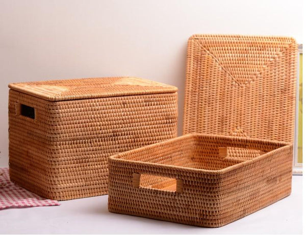 Extra Large Storage Baskets for Shelves, Wicker Rectangular Storage Baskets for Living Room, Rattan Storage Basket with Lid, Storage Baskets for Clothes-Grace Painting Crafts