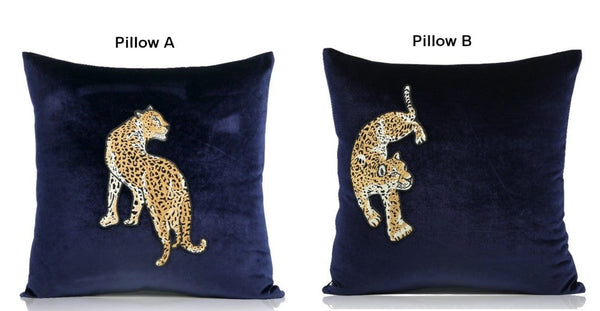 Modern Sofa Pillows, Contemporary Throw Pillows, Cheetah Decorative Throw Pillows, Blue Decorative Pillows for Living Room-Grace Painting Crafts