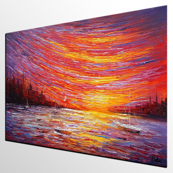 Landscape Painting, Large Art, Canvas Art, Wall Art, Custom Abstract Artwork, Canvas Painting, Modern Art, Oil Painting, Boat on the River 210-Grace Painting Crafts