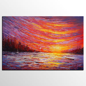 Landscape Painting, Large Art, Canvas Art, Wall Art, Custom Abstract Artwork, Canvas Painting, Modern Art, Oil Painting, Boat on the River 210-Grace Painting Crafts