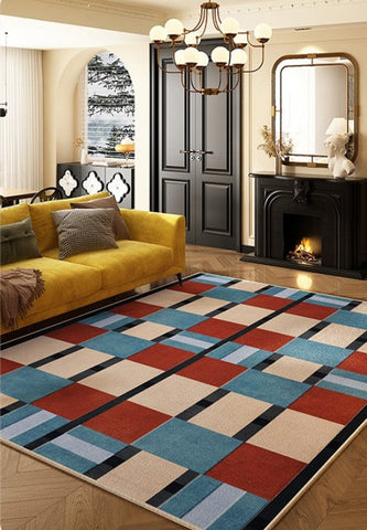 Large Geometric Floor Carpets, Blue Modern Area Rugs under Dining Room Table, Modern Living Room Area Rugs, Mid Century Modern Rugs-Grace Painting Crafts