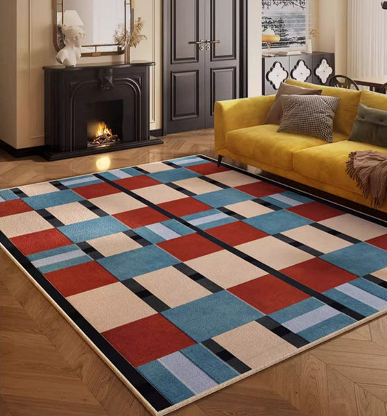 Large Geometric Floor Carpets, Blue Modern Area Rugs under Dining Room Table, Modern Living Room Area Rugs, Mid Century Modern Rugs-Grace Painting Crafts