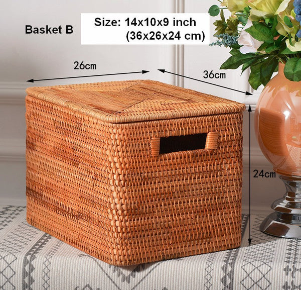 Extra Large Storage Baskets for Clothes, Oversized Rectangular Storage Basket with Lid, Wicker Rattan Storage Basket for Shelves, Storage Baskets for Bedroom-Grace Painting Crafts