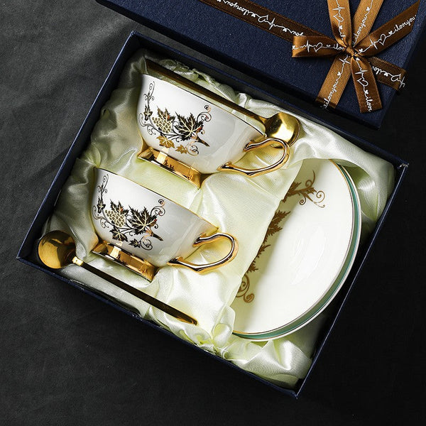 Golden Leaves and Grapes Bone China Porcelain Tea Cup Set, Unique British Tea Cup and Saucer in Gift Box, Elegant British Ceramic Coffee Cups-Grace Painting Crafts