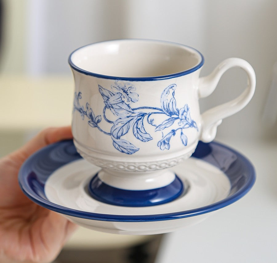 Creative Blue Coffee Cup and Saucer, Elegant Ceramic Cups for Afternoon Tea, Creative Porcelain Tea Cup Set, Beautiful British Tea Cups-Grace Painting Crafts