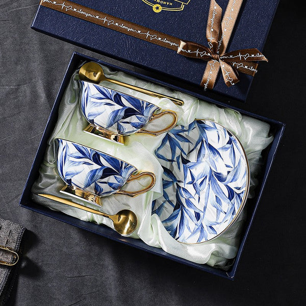 Unique British Tea Cup and Saucer in Gift Box, Blue Bone China Porcelain Tea Cup Set, Elegant British Ceramic Coffee Cups-Grace Painting Crafts