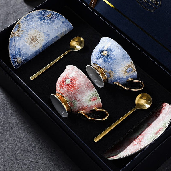 Unique Tea Cups and Saucers in Gift Box, Blue and Pink Beautiful British Tea Cups, Elegant Ceramic Coffee Cups, Creative Bone China Porcelain Tea Cup Set-Grace Painting Crafts