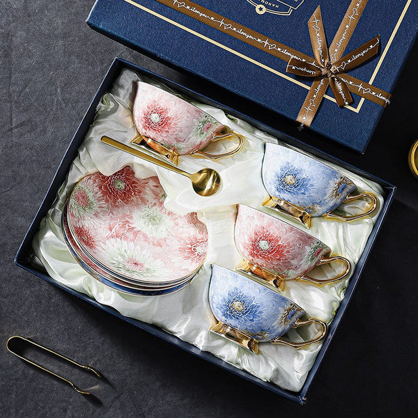 Unique Tea Cups and Saucers in Gift Box, Blue and Pink Beautiful British Tea Cups, Elegant Ceramic Coffee Cups, Creative Bone China Porcelain Tea Cup Set-Grace Painting Crafts