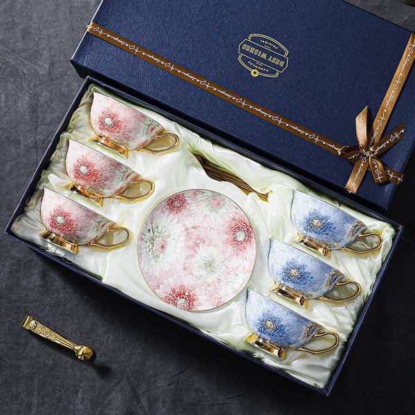 Unique Tea Cups and Saucers in Gift Box, Blue and Pink Beautiful British Tea Cups, Elegant Ceramic Coffee Cups, Creative Bone China Porcelain Tea Cup Set-Grace Painting Crafts