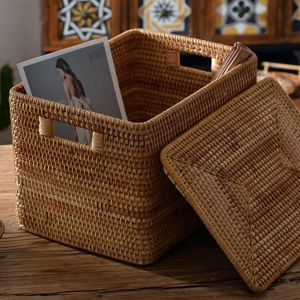 Extra Large Storage Baskets for Clothes, Oversized Rectangular Storage Basket with Lid, Wicker Rattan Storage Basket for Shelves, Storage Baskets for Bedroom-Grace Painting Crafts