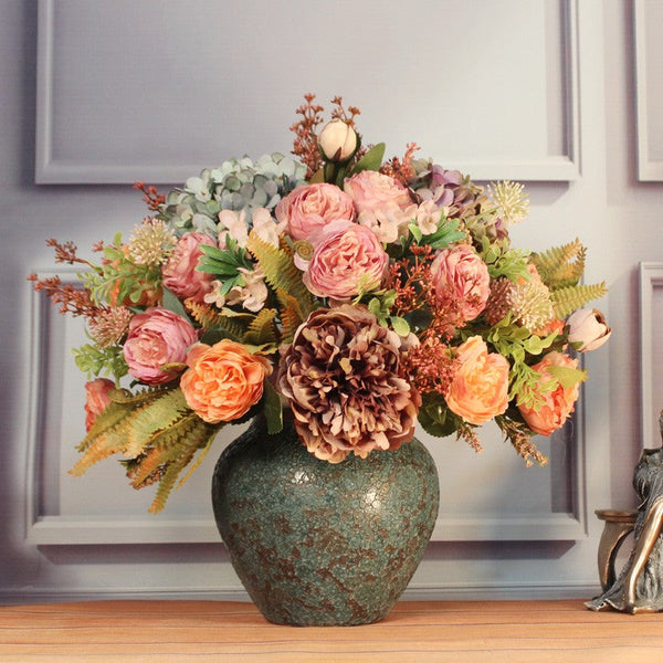 Unique Artificial Floral Arrangement for Dining Room, Large Bunch of Autumn Flowers Arrangement Interior Design, Peony Faux Silk Floral Bouquet Table Centerpiece-Grace Painting Crafts