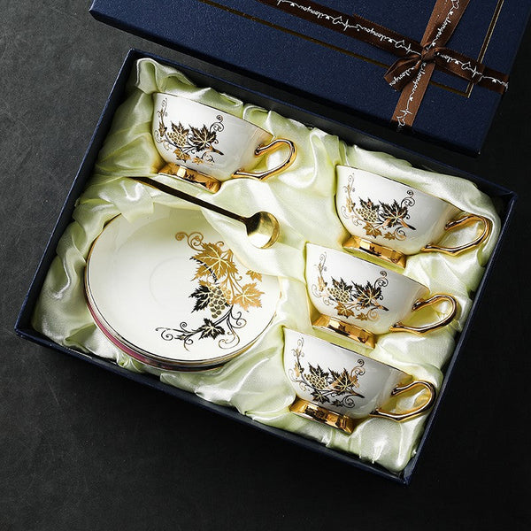 Golden Leaves and Grapes Bone China Porcelain Tea Cup Set, Unique British Tea Cup and Saucer in Gift Box, Elegant British Ceramic Coffee Cups-Grace Painting Crafts