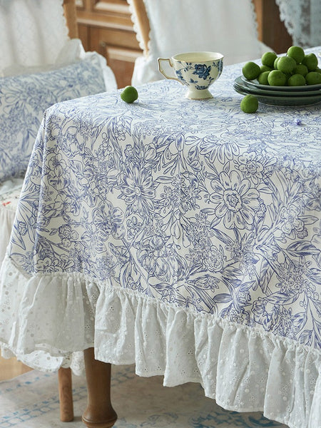 Cotton Rectangle Tablecloth for Dining Room Table, Natural Spring Farmhouse Table Cloth, Blue Flower Pattern Cotton Tablecloth, Square Tablecloth for Round Table-Grace Painting Crafts