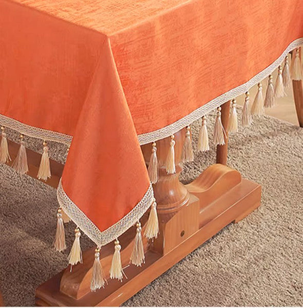 Modern Rectangle Tablecloth, Large Simple Table Cover for Dining Room Table, Orange Fringes Tablecloth for Home Decoration, Square Tablecloth for Round Table-Grace Painting Crafts